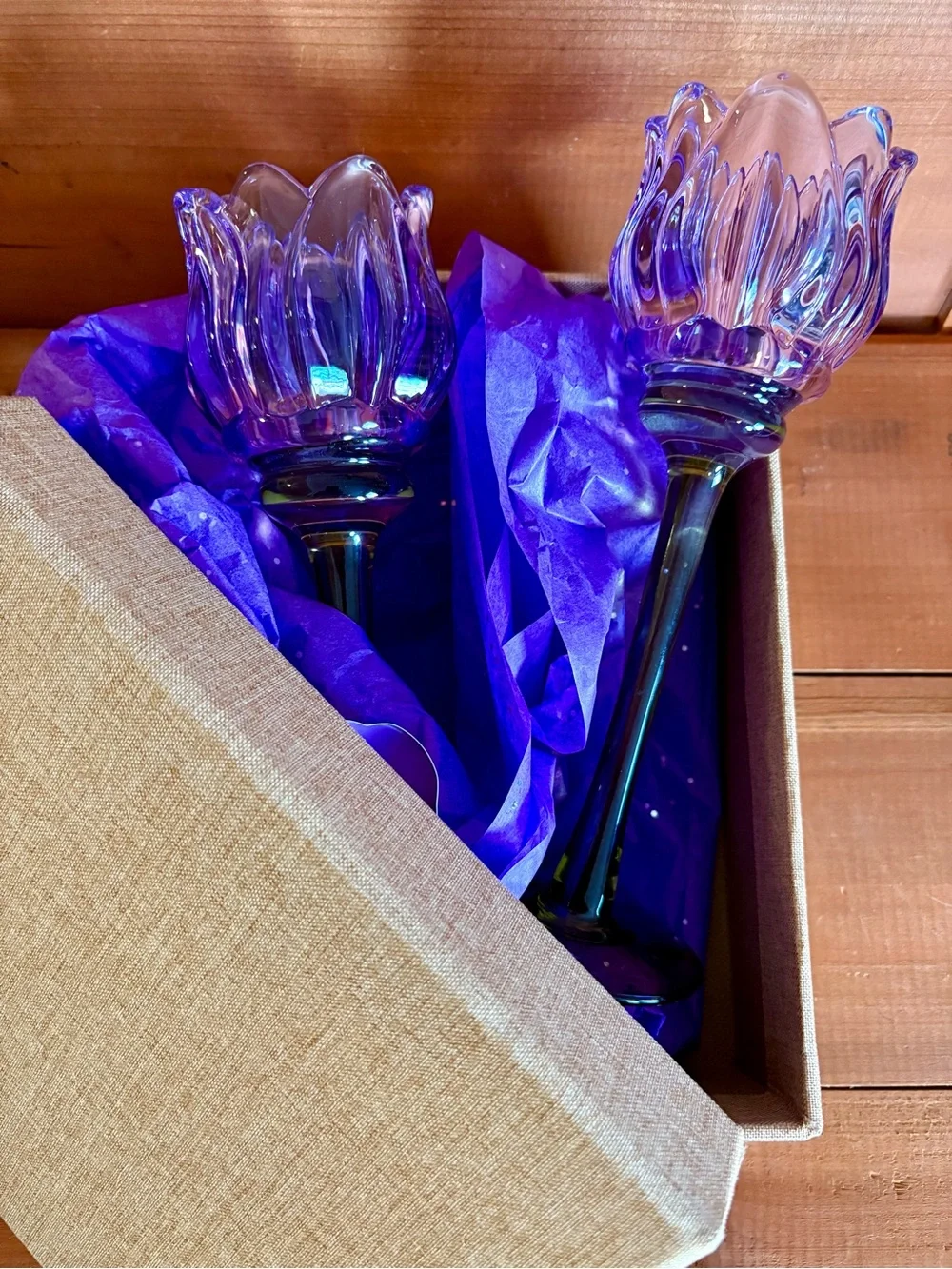 Glass Purple Tulip Tea-Light Candle Holders Set Floral Scalloped Candlesticks
